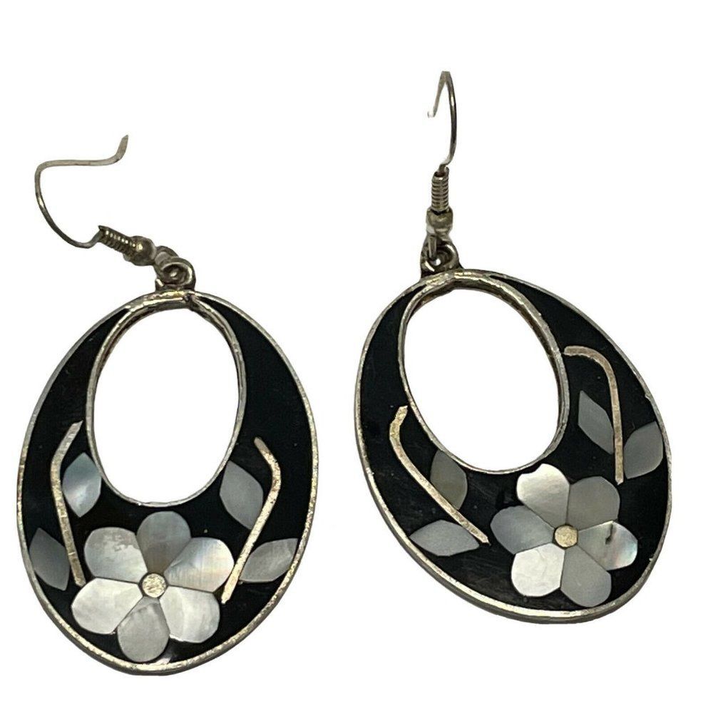 Vtg 1960's Earrings Inlaid Abalone Mother of Pearl Black Onyx Alpaca Mexico